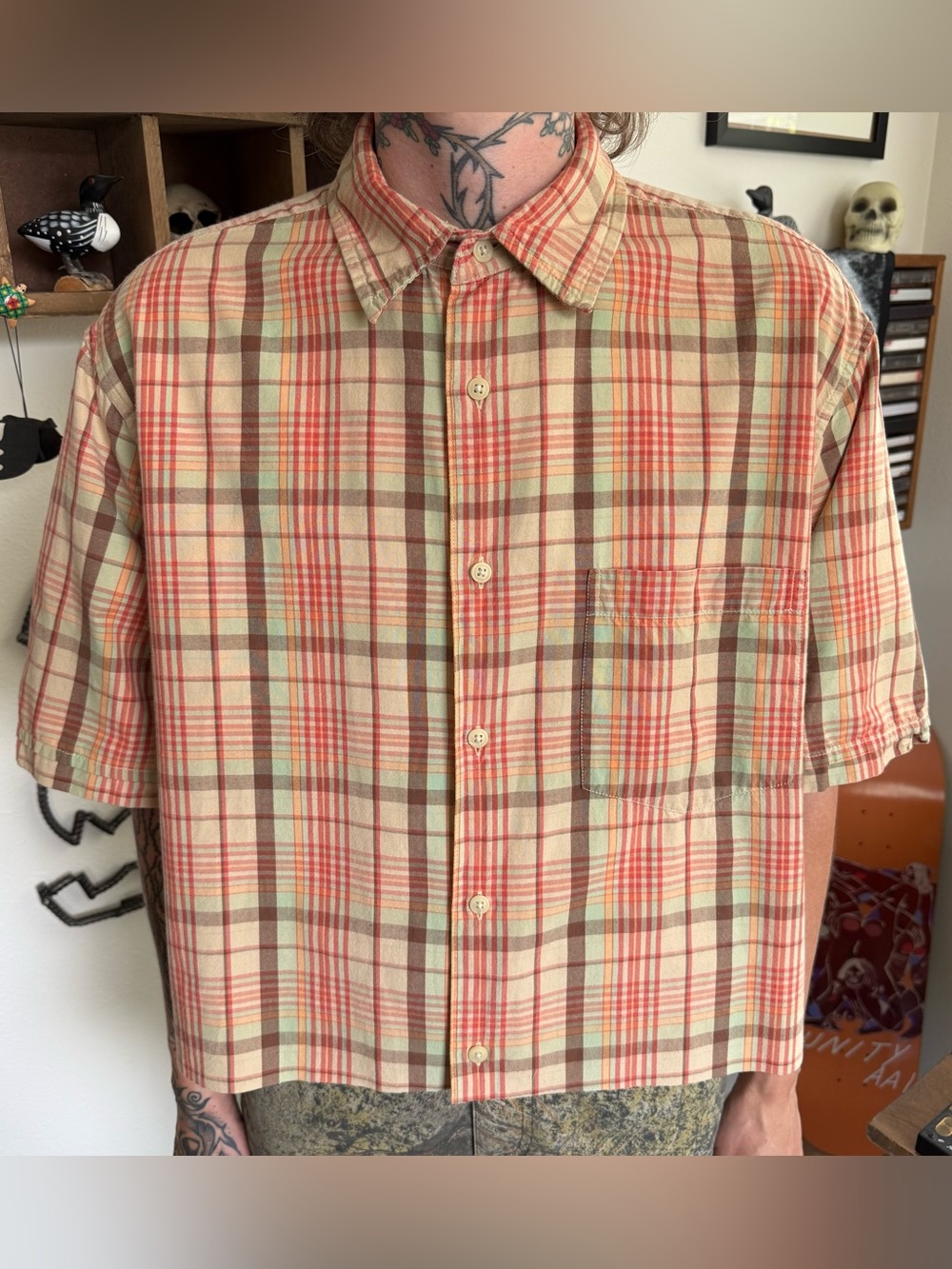 Vintage 90s Cropped Boxy Orange Plaid Button Down SS Shirt ~ Size Medium